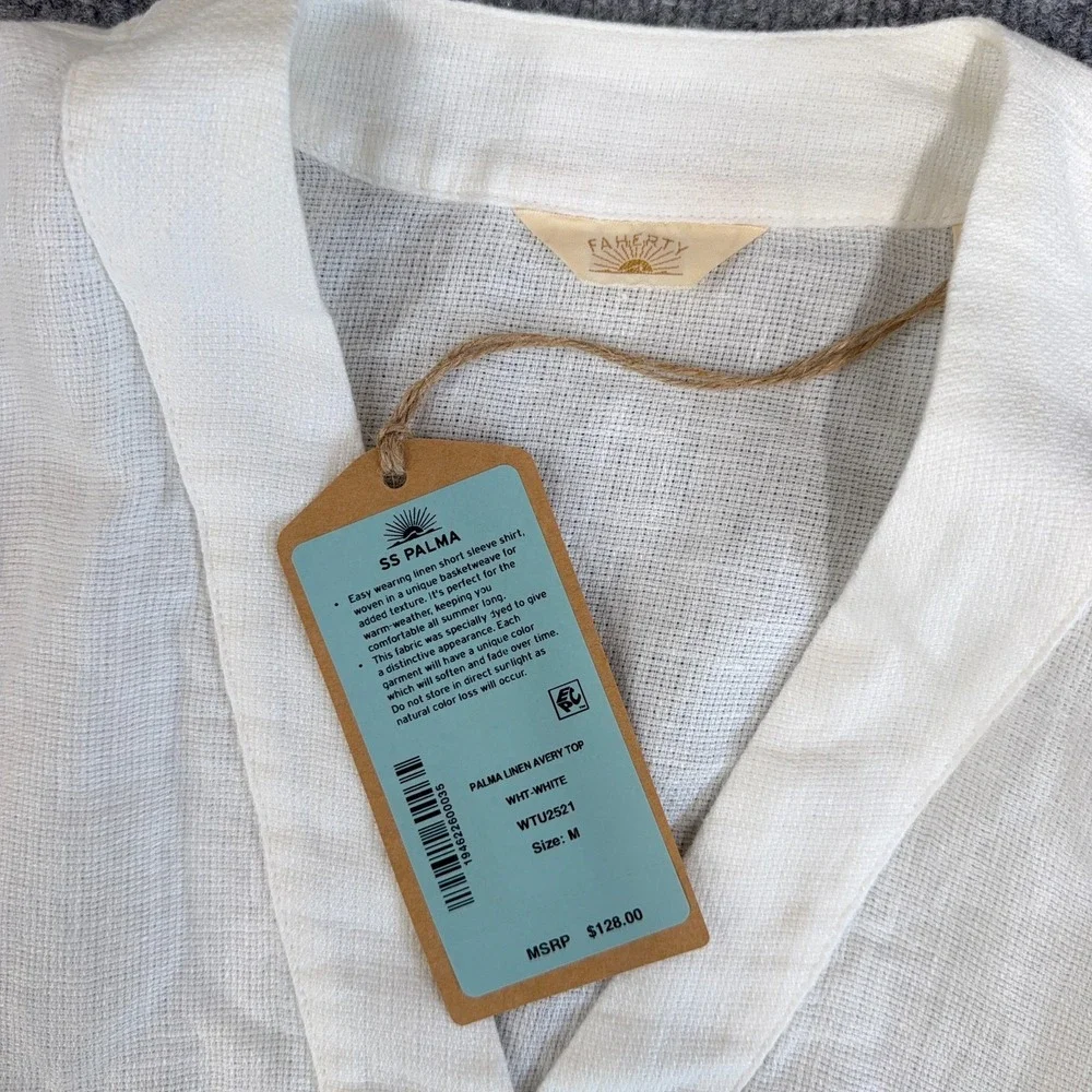 Faherty Top Women Medium Bright White Palma Linen Avery Shirt Cropped Button NEW - Picture 3 of 10